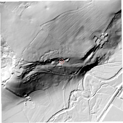 Shaded relief map of the ground around EX135RP, computed from Environment Agency LiDAR. The ground here sits at about 63 m above sea level and falls 81 m across the surrounding 800 m. Surface water reaching this point runs off ground lying to the north-west, 43.0 m higher.