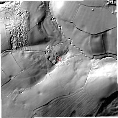 Shaded relief map of the ground around EX135RR, computed from Environment Agency LiDAR. The ground here sits at about 57 m above sea level and falls 75 m across the surrounding 800 m. Surface water reaching this point runs off ground lying to the west-south-west, 54.2 m higher.