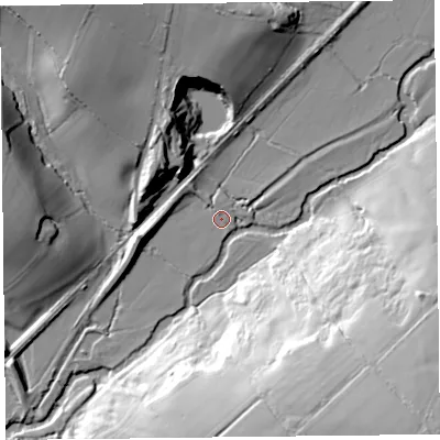 Shaded relief map of the ground around EX135RS, computed from Environment Agency LiDAR. The ground here sits at about 34 m above sea level and falls 54 m across the surrounding 800 m. Surface water reaching this point runs off ground lying to the north-north-west, 0.9 m higher.