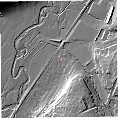 Shaded relief map of the ground around EX135RW, computed from Environment Agency LiDAR. The ground here sits at about 30 m above sea level and falls 30 m across the surrounding 800 m. Surface water reaching this point runs off ground lying to the east, 3.3 m higher.