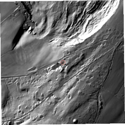 Shaded relief map of the ground around EX135SQ, computed from Environment Agency LiDAR. The ground here sits at about 189 m above sea level and falls 99 m across the surrounding 800 m. Surface water reaching this point runs off ground lying to the south-south-east, 10.3 m higher.