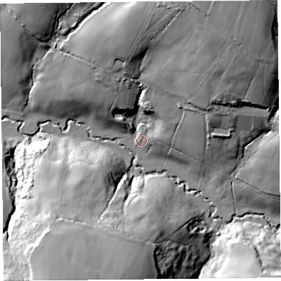 Shaded relief map of the ground around EX135UX, computed from Environment Agency LiDAR. The ground here sits at about 69 m above sea level and falls 54 m across the surrounding 800 m. Surface water reaching this point runs off ground lying to the north-east, 49.5 m higher.