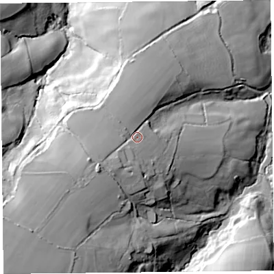 Shaded relief map of the ground around EX135XQ, computed from Environment Agency LiDAR. The ground here sits at about 115 m above sea level and falls 70 m across the surrounding 800 m. Surface water reaching this point runs off ground lying to the south-west, 24.9 m higher.