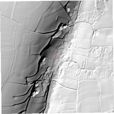 Shaded relief map of the ground around EX137AF, computed from Environment Agency LiDAR. The ground here sits at about 125 m above sea level and falls 68 m across the surrounding 800 m. Surface water reaching this point runs off ground lying to the north-west, 48.5 m higher.