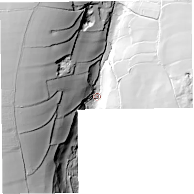 Shaded relief map of the ground around EX137AG, computed from Environment Agency LiDAR. The ground here sits at about 106 m above sea level and falls 77 m across the surrounding 800 m. Surface water reaching this point runs off ground lying to the north-west, 64.5 m higher.