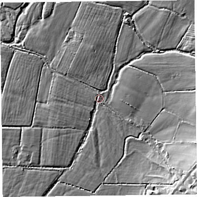 Shaded relief map of the ground around EX137AN, computed from Environment Agency LiDAR. The ground here sits at about 10 m above sea level and falls 12 m across the surrounding 800 m. Surface water reaching this point runs off ground lying to the west, 1.5 m higher.