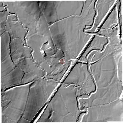 Shaded relief map of the ground around EX137AR, computed from Environment Agency LiDAR. The ground here sits at about 43 m above sea level and falls 23 m across the surrounding 800 m. Surface water reaching this point runs off ground lying to the west-south-west, 2.4 m higher.