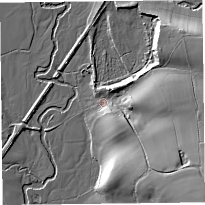Shaded relief map of the ground around EX137AS, computed from Environment Agency LiDAR. The ground here sits at about 45 m above sea level and falls 33 m across the surrounding 800 m. Surface water reaching this point runs off ground lying to the south-east, 27.2 m higher.