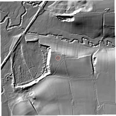 Shaded relief map of the ground around EX137AT, computed from Environment Agency LiDAR. The ground here sits at about 60 m above sea level and falls 30 m across the surrounding 800 m. Surface water reaching this point runs off ground lying to the south-east, 1.6 m higher.