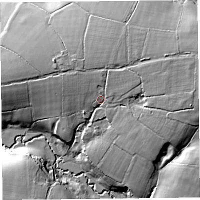 Shaded relief map of the ground around EX137AX, computed from Environment Agency LiDAR. The ground here sits at about 70 m above sea level and falls 43 m across the surrounding 800 m. Surface water reaching this point runs off ground lying to the east-north-east, 22.4 m higher.