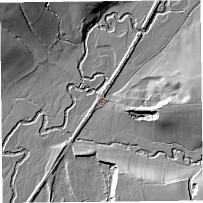 Shaded relief map of the ground around EX137AY, computed from Environment Agency LiDAR. The ground here sits at about 47 m above sea level and falls 28 m across the surrounding 800 m. Surface water reaching this point runs off ground lying to the east, 17.2 m higher.