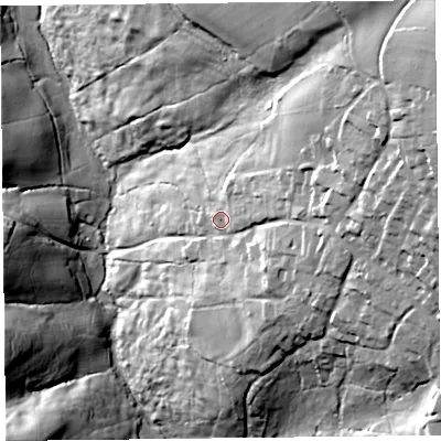Shaded relief map of the ground around EX137BY, computed from Environment Agency LiDAR. The ground here sits at about 96 m above sea level and falls 69 m across the surrounding 800 m. Surface water reaching this point runs off ground lying to the east-north-east, 29.7 m higher.