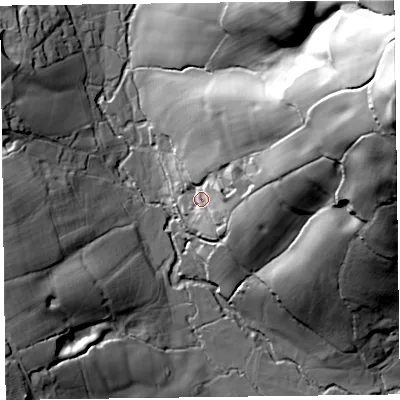 Shaded relief map of the ground around EX137EE, computed from Environment Agency LiDAR. The ground here sits at about 63 m above sea level and falls 89 m across the surrounding 800 m. Surface water reaching this point runs off ground lying to the east-north-east, 76.3 m higher.