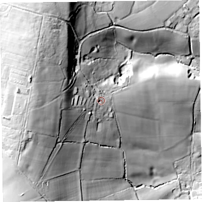 Shaded relief map of the ground around EX137ET, computed from Environment Agency LiDAR. The ground here sits at about 117 m above sea level and falls 86 m across the surrounding 800 m. Surface water reaching this point runs off ground lying to the west, 39.2 m higher.