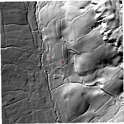 Shaded relief map of the ground around EX137HJ, computed from Environment Agency LiDAR. The ground here sits at about 73 m above sea level and falls 129 m across the surrounding 800 m. Surface water reaching this point runs off ground lying to the north-north-east, 6.3 m higher.