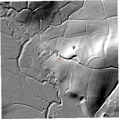 Shaded relief map of the ground around EX137JD, computed from Environment Agency LiDAR. The ground here sits at about 42 m above sea level and falls 36 m across the surrounding 800 m. Surface water reaching this point runs off ground lying to the east, 20.7 m higher.