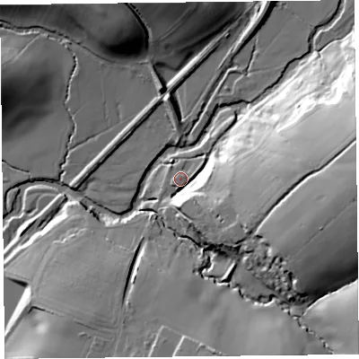Shaded relief map of the ground around EX137LN, computed from Environment Agency LiDAR. The ground here sits at about 34 m above sea level and falls 40 m across the surrounding 800 m. Surface water reaching this point runs off ground lying to the east, 27.9 m higher.