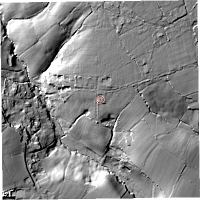 Shaded relief map of the ground around EX137LX, computed from Environment Agency LiDAR. The ground here sits at about 68 m above sea level and falls 42 m across the surrounding 800 m. Surface water reaching this point runs off ground lying to the north, 16.4 m higher.
