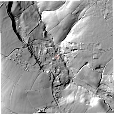 Shaded relief map of the ground around EX137LY, computed from Environment Agency LiDAR. The ground here sits at about 59 m above sea level and falls 60 m across the surrounding 800 m. Surface water reaching this point runs off ground lying to the west, 31.7 m higher.