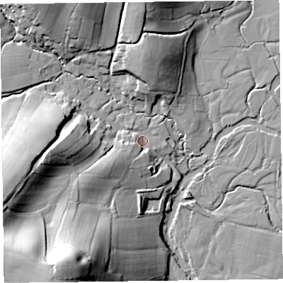 Shaded relief map of the ground around EX137NN, computed from Environment Agency LiDAR. The ground here sits at about 14 m above sea level and falls 49 m across the surrounding 800 m. Surface water reaching this point runs off ground lying to the south-west, 10.3 m higher.