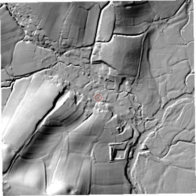 Shaded relief map of the ground around EX137PE, computed from Environment Agency LiDAR. The ground here sits at about 14 m above sea level and falls 48 m across the surrounding 800 m. Surface water reaching this point runs off ground lying to the south-south-west, 41.7 m higher.