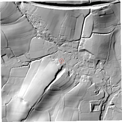 Shaded relief map of the ground around EX137PG, computed from Environment Agency LiDAR. The ground here sits at about 17 m above sea level and falls 50 m across the surrounding 800 m. Surface water reaching this point runs off ground lying to the south-south-west, 12.9 m higher.