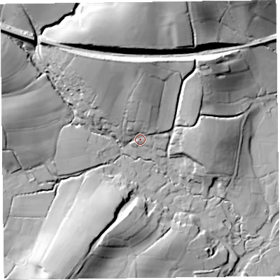 Shaded relief map of the ground around EX137PH, computed from Environment Agency LiDAR. The ground here sits at about 18 m above sea level and falls 46 m across the surrounding 800 m. Surface water reaching this point runs off ground lying to the north, 16.1 m higher.