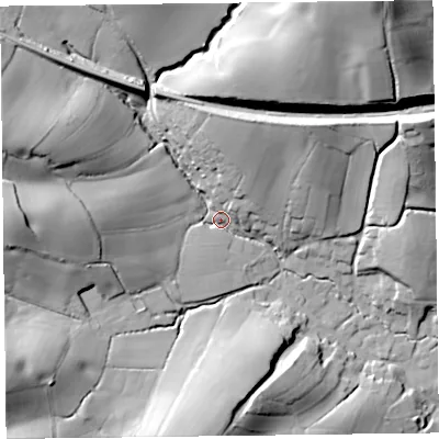 Shaded relief map of the ground around EX137PJ, computed from Environment Agency LiDAR. The ground here sits at about 19 m above sea level and falls 47 m across the surrounding 800 m. Surface water reaching this point runs off ground lying to the north-north-east, 39.9 m higher.