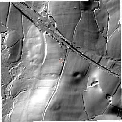 Shaded relief map of the ground around EX137PN, computed from Environment Agency LiDAR. The ground here sits at about 49 m above sea level and falls 35 m across the surrounding 800 m. Surface water reaching this point runs off ground lying to the south-south-east, 2.2 m higher.