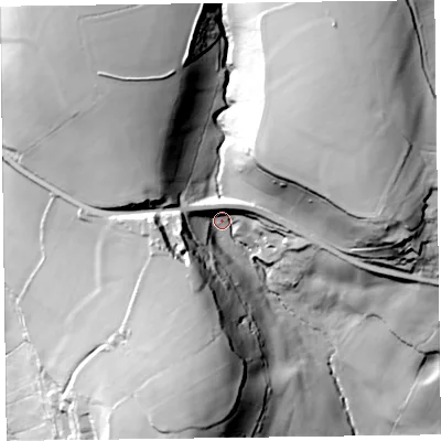 Shaded relief map of the ground around EX137QF, computed from Environment Agency LiDAR. The ground here sits at about 101 m above sea level and falls 85 m across the surrounding 800 m. Surface water reaching this point runs off ground lying to the north-west, 35.4 m higher.