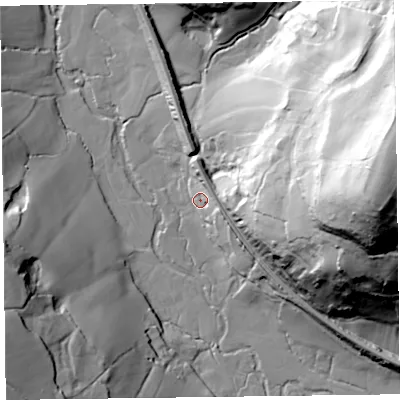 Shaded relief map of the ground around EX137QJ, computed from Environment Agency LiDAR. The ground here sits at about 49 m above sea level and falls 92 m across the surrounding 800 m. Surface water reaching this point runs off ground lying to the north-east, 11.5 m higher.