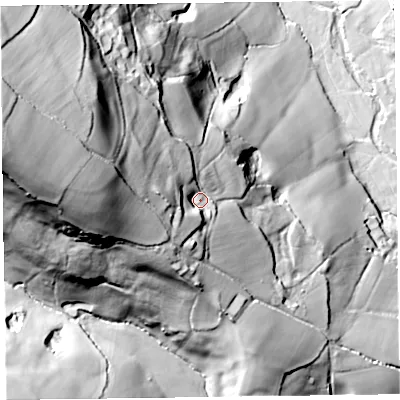 Shaded relief map of the ground around EX137QN, computed from Environment Agency LiDAR. The ground here sits at about 97 m above sea level and falls 111 m across the surrounding 800 m. Surface water reaching this point runs off ground lying to the west, 42.0 m higher.