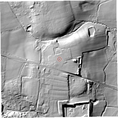 Shaded relief map of the ground around EX137RA, computed from Environment Agency LiDAR. The ground here sits at about 50 m above sea level and falls 33 m across the surrounding 800 m. The ground contributing surface water to this point lies to the south-west.