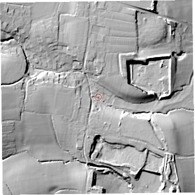 Shaded relief map of the ground around EX137RG, computed from Environment Agency LiDAR. The ground here sits at about 43 m above sea level and falls 35 m across the surrounding 800 m. Surface water reaching this point runs off ground lying to the west, 22.4 m higher.