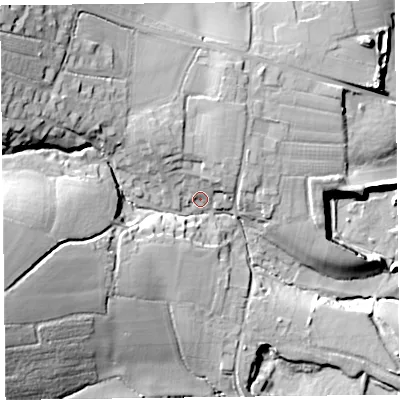Shaded relief map of the ground around EX137RJ, computed from Environment Agency LiDAR. The ground here sits at about 48 m above sea level and falls 39 m across the surrounding 800 m. Surface water reaching this point runs off ground lying to the north-north-west, 9.5 m higher.