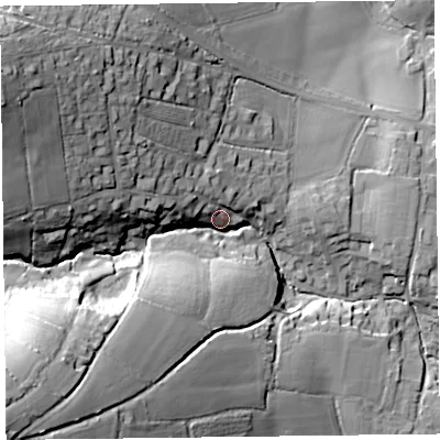 Shaded relief map of the ground around EX137RW, computed from Environment Agency LiDAR. The ground here sits at about 59 m above sea level and falls 52 m across the surrounding 800 m. Surface water reaching this point runs off ground lying to the south-west, 41.9 m higher.