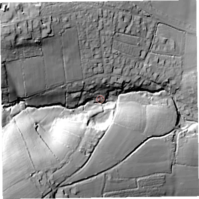 Shaded relief map of the ground around EX137SN, computed from Environment Agency LiDAR. The ground here sits at about 64 m above sea level and falls 63 m across the surrounding 800 m. Surface water reaching this point runs off ground lying to the south-west, 51.1 m higher.
