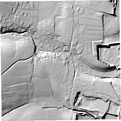 Shaded relief map of the ground around EX137SZ, computed from Environment Agency LiDAR. The ground here sits at about 49 m above sea level and falls 39 m across the surrounding 800 m. Surface water reaching this point runs off ground lying to the west-south-west, 9.1 m higher.