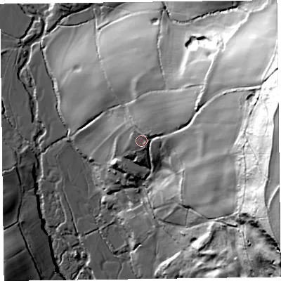 Shaded relief map of the ground around EX137TH, computed from Environment Agency LiDAR. The ground here sits at about 80 m above sea level and falls 103 m across the surrounding 800 m. Surface water reaching this point runs off ground lying to the east-north-east, 13.0 m higher.