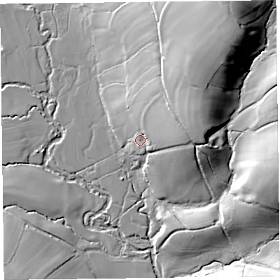 Shaded relief map of the ground around EX137TN, computed from Environment Agency LiDAR. The ground here sits at about 67 m above sea level and falls 48 m across the surrounding 800 m. Surface water reaching this point runs off ground lying to the north-east, 22.4 m higher.