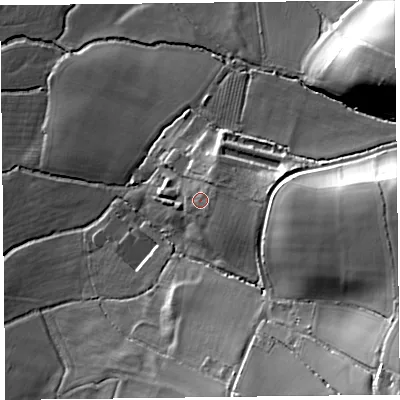 Shaded relief map of the ground around EX138AD, computed from Environment Agency LiDAR. The ground here sits at about 25 m above sea level and falls 38 m across the surrounding 800 m. Surface water reaching this point runs off ground lying to the east, 5.5 m higher.