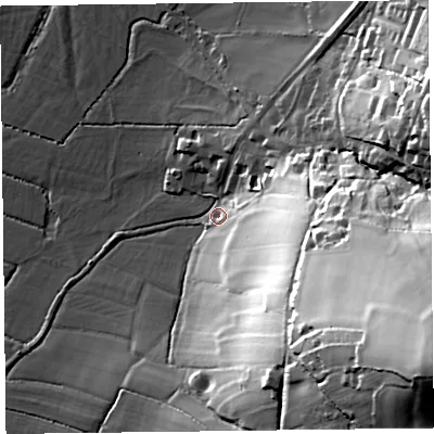 Shaded relief map of the ground around EX138AJ, computed from Environment Agency LiDAR. The ground here sits at about 12 m above sea level and falls 71 m across the surrounding 800 m. Surface water reaching this point runs off ground lying to the south-east, 68.0 m higher.