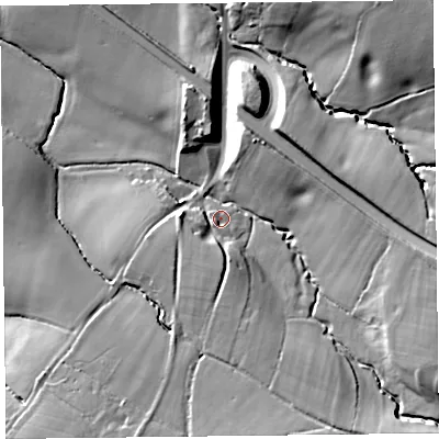Shaded relief map of the ground around EX138TP, computed from Environment Agency LiDAR. The ground here sits at about 42 m above sea level and falls 41 m across the surrounding 800 m. Surface water reaching this point runs off ground lying to the south-south-east, 20.9 m higher.