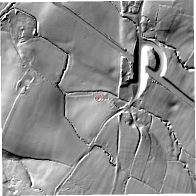 Shaded relief map of the ground around EX138TS, computed from Environment Agency LiDAR. The ground here sits at about 36 m above sea level and falls 40 m across the surrounding 800 m. Surface water reaching this point runs off ground lying to the south-south-east, 17.2 m higher.