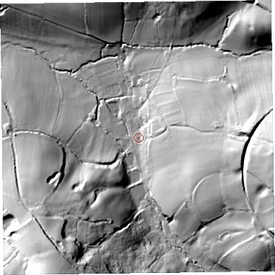 Shaded relief map of the ground around EX138TU, computed from Environment Agency LiDAR. The ground here sits at about 50 m above sea level and falls 80 m across the surrounding 800 m. Surface water reaching this point runs off ground lying to the east, 34.5 m higher.
