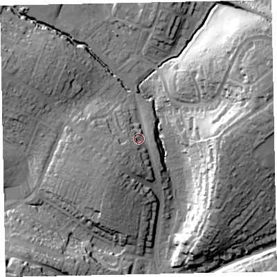 Shaded relief map of the ground around EX13DH, computed from Environment Agency LiDAR. The ground here sits at about 25 m above sea level and falls 34 m across the surrounding 800 m. Surface water reaching this point runs off ground lying to the south-west, 9.1 m higher.