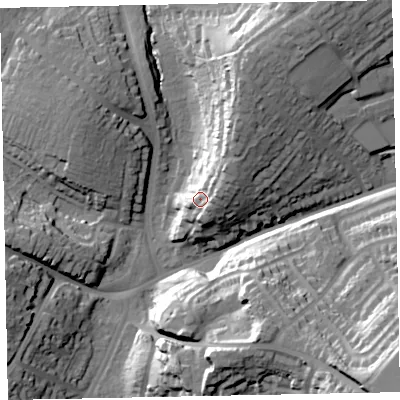 Shaded relief map of the ground around EX13ET, computed from Environment Agency LiDAR. The ground here sits at about 29 m above sea level and falls 39 m across the surrounding 800 m. Surface water reaching this point runs off ground lying to the north-east, 14.6 m higher.