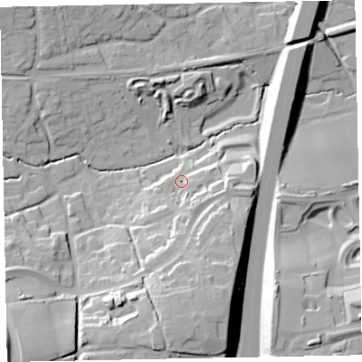 Shaded relief map of the ground around EX13FQ, computed from Environment Agency LiDAR. The ground here sits at about 29 m above sea level and falls 35 m across the surrounding 800 m. Surface water reaching this point runs off ground lying to the south, 22.7 m higher.