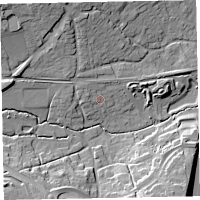 Shaded relief map of the ground around EX13QJ, computed from Environment Agency LiDAR. The ground here sits at about 28 m above sea level and falls 29 m across the surrounding 800 m. Surface water reaching this point runs off ground lying to the west-north-west, 4.2 m higher.