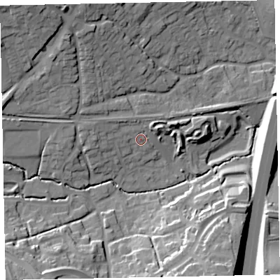 Shaded relief map of the ground around EX13QL, computed from Environment Agency LiDAR. The ground here sits at about 27 m above sea level and falls 30 m across the surrounding 800 m. Surface water reaching this point runs off ground lying to the west-north-west, 4.3 m higher.